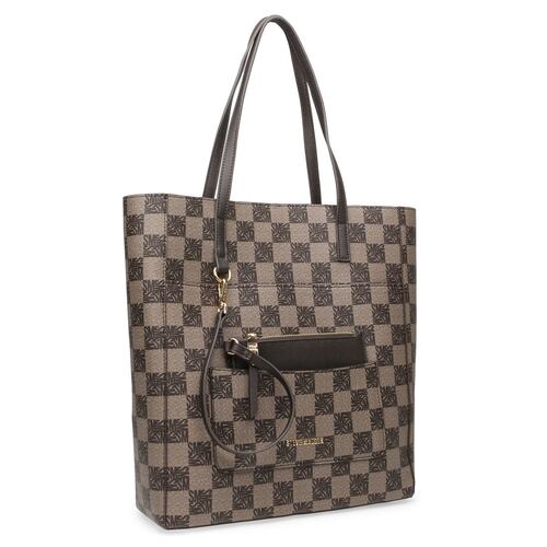 Bolso Steve Madden tote estampado logo cuadros color café bkimlogo