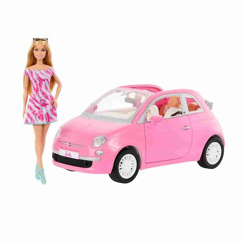 Barbie Vehículo Fiat Rosa  y Muñeca