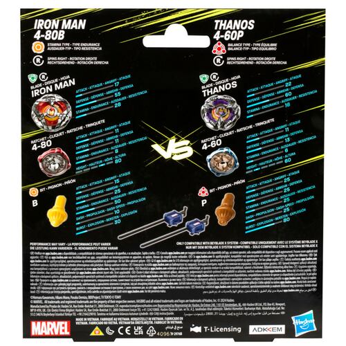 Set 2 Beyblade x Marvel Iron Man 4-80B y Thanos 4-60B