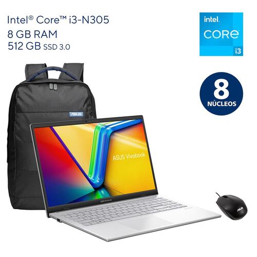 Laptop ASUS VivoBook 15.6 Pulgadas E1504GA-NJ163W CI3-N305 8G 512SSD+Mochila y Mouse
