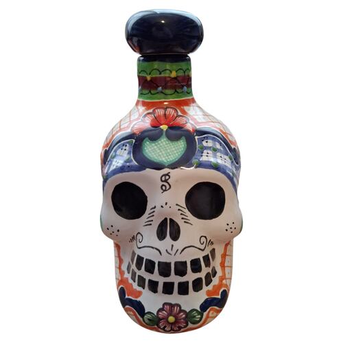 Botella Licorera en Talavera Diseño Calavera Arte Cruz
