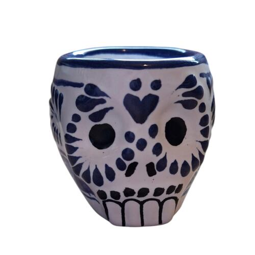 Taza en Talavera Azul Diseño Calavera Arte Cruz