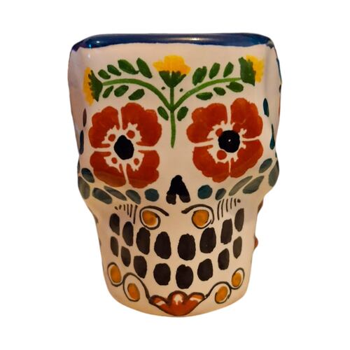 Vaso Tequilero en Talavera Diseño Calavera Arte Cruz