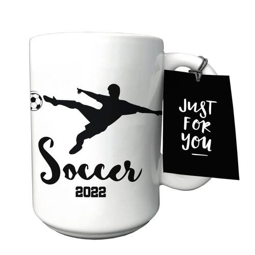 Taza de cerámica con diseño de jugador de soccer 2022 blanco con negro