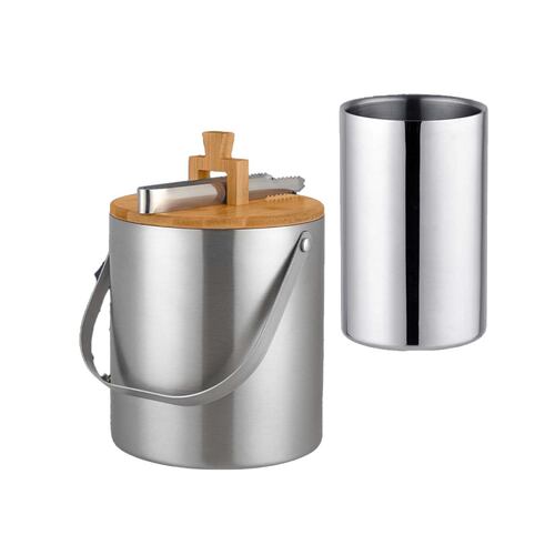 Hielera Acero Inoxidable con Pinza de Madera 1300 ml Home Nature