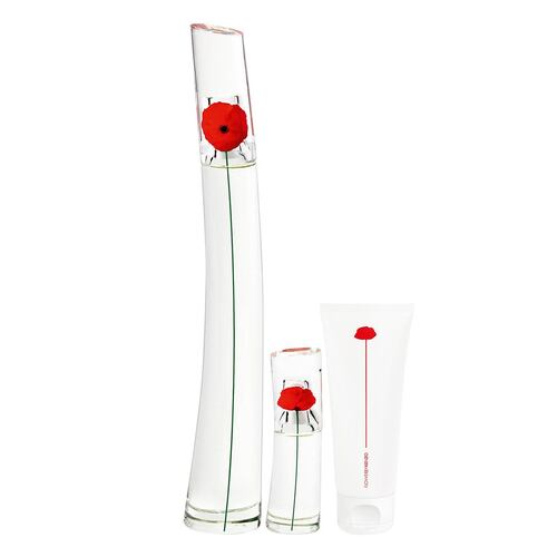 Set de fragancia femenina Flower by Kenzo Eau de Parfum 100 ml, + perfumero de viaje 15 ml + crema corporal 75 ml.
