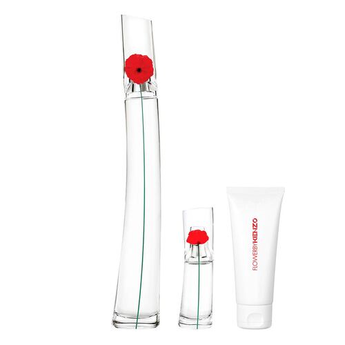 Set de fragancia femenina Flower by Kenzo Eau de Parfum 100 ml + Perfumero de viaje 15 ml + Crema corporal humectante 75 ml.