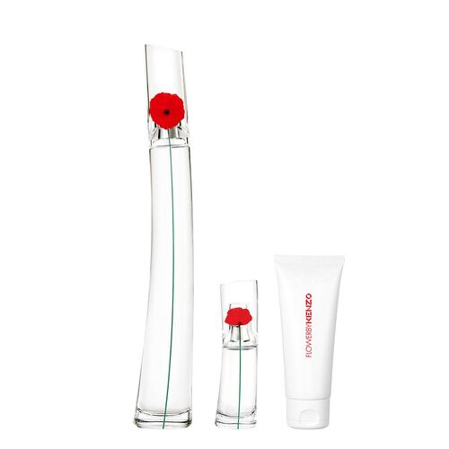 Set de fragancia femenina Flower by Kenzo Eau de Parfum 100 ml, + perfumero de viaje 15 ml + crema corporal 75 ml.