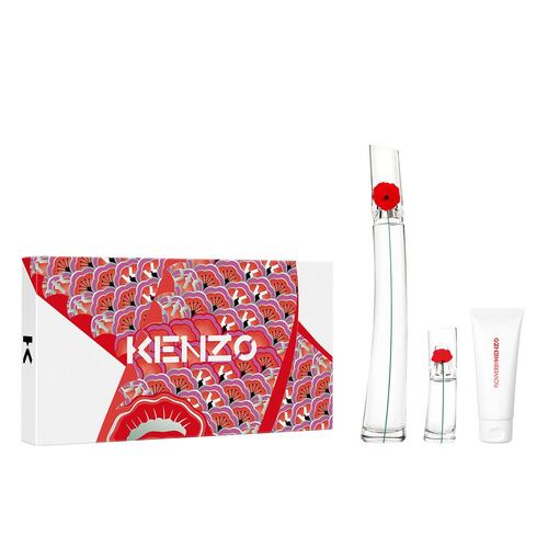 Set de fragancia femenina Flower by Kenzo Eau de Parfum 100 ml, + perfumero de viaje 15 ml + crema corporal 75 ml.