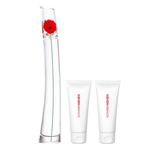 " Set de fragancia femenina Flower by Kenzo Eau de Parfum 100 ml + gel de ducha 75 ml + crema corporal 75 ml."
