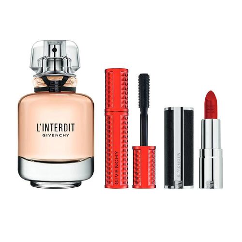 Set fragancia para mujer Givenchy L'Interdit EDP 50ml + Mini máscara de pestañas Volume Dosturbia + Mini labial Le Roge Interdit Intense Silk N333