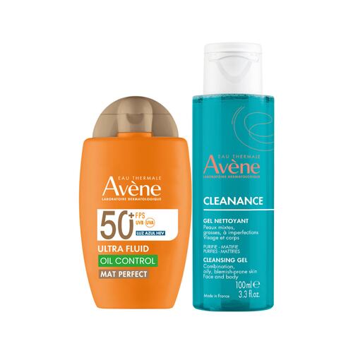 Avene Kit Protector Solar con color Ultra Fluido Mat Perfect FPS50+  50ml + Cleanance Gel Limpiador Piel Grasa 100ml