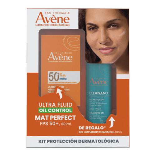Avene Kit Protector Solar con color Ultra Fluido Mat Perfect FPS50+  50ml + Cleanance Gel Limpiador Piel Grasa 100ml