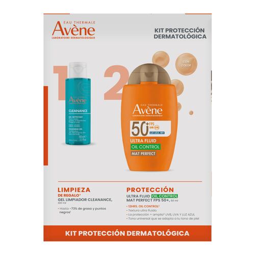 Avene Kit Protector Solar con color Ultra Fluido Mat Perfect FPS50+  50ml + Cleanance Gel Limpiador Piel Grasa 100ml