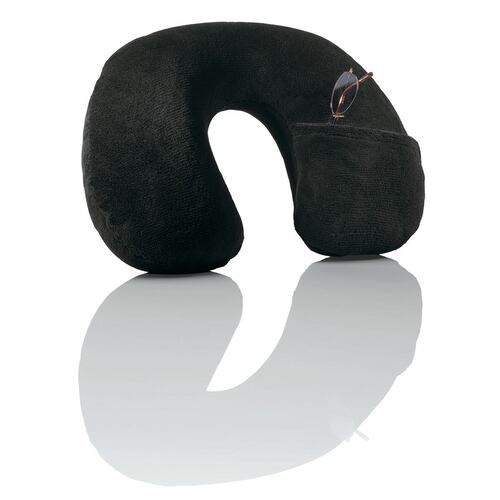 Almohada de Cuello Inflable, con Compartimiento para Gafas. Tela Polar Color Negro. 1 Pieza