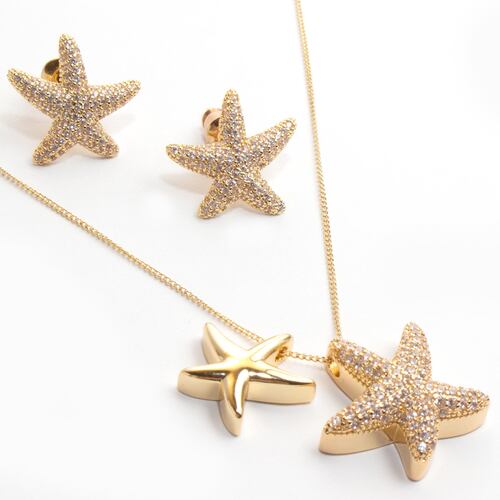 Set de Aretes y Collar Dorado de Oro Laminado con Estrellas y Cristales Vstone
