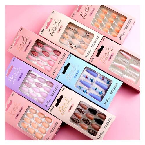 Kit Uñas Postizas Short Oval Rosa/Glitter 24 piezas
