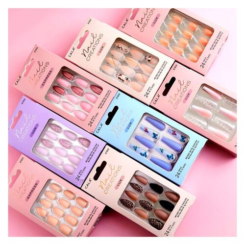 Kit Uñas Postizas Medium Coffin French con Punta de Color 24 piezas