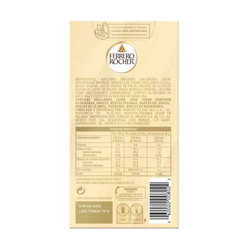Barra Ferrero Rocher Tablets Chocolate Blanco Rellena con Avellanas y Cacao 90gr