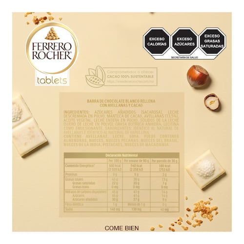Barra Ferrero Rocher Tablets Chocolate Blanco Rellena con Avellanas y Cacao 90gr