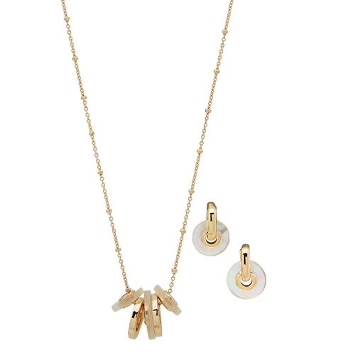 box de collar y aretes color dorado marca Anne Klein tipo gargantilla y artetes tipo boton con incrustaciones de cristal