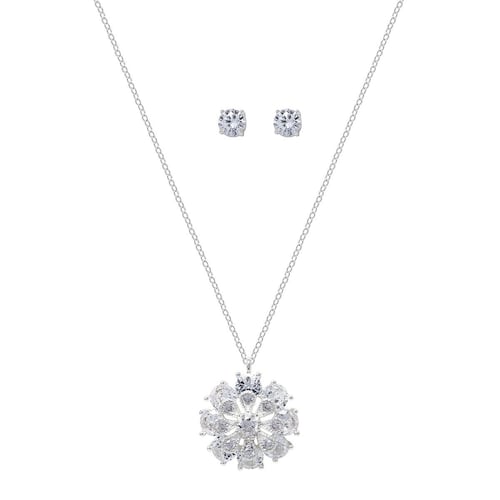 Set Color Plata Marca Anne Klein Collar Con Colagnte En Forma Circular y Artetes Tipo Botón  Con Incrustaciones De Cristal