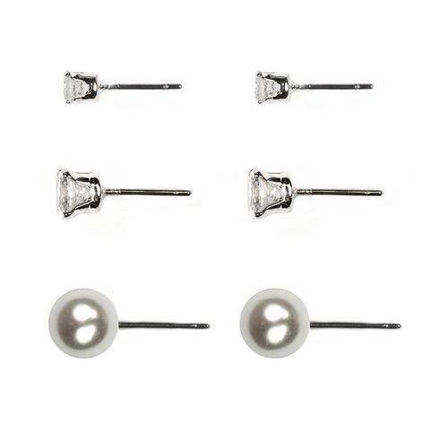 Set de 3 Aretes Sencillos Forma Redonda con Perlas y Zirconia Cubica Napier