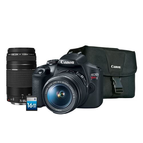 Cámara Canon Kit T7 EF-S 18–55mm f/4–5.6 STM + EF 75-300mm f/4-5.6 III + Bag  200ES+ SD 16GB