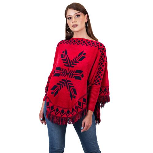 Poncho cuello ojal de chenille para mujer - rojo