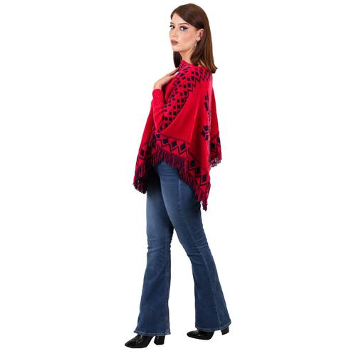 Poncho cuello ojal de chenille para mujer - rojo