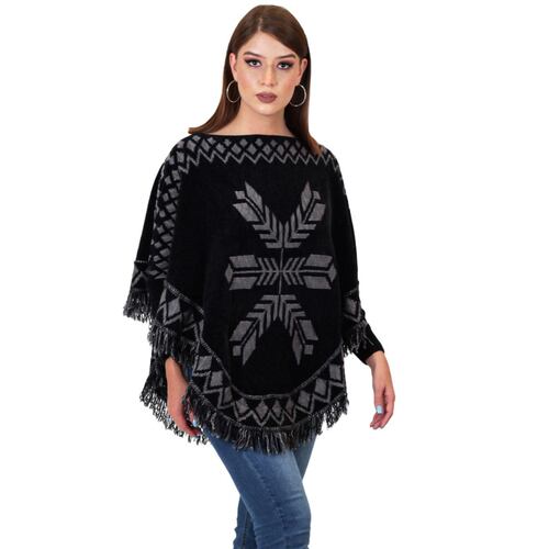 Poncho cuello ojal de chenille para mujer - negro