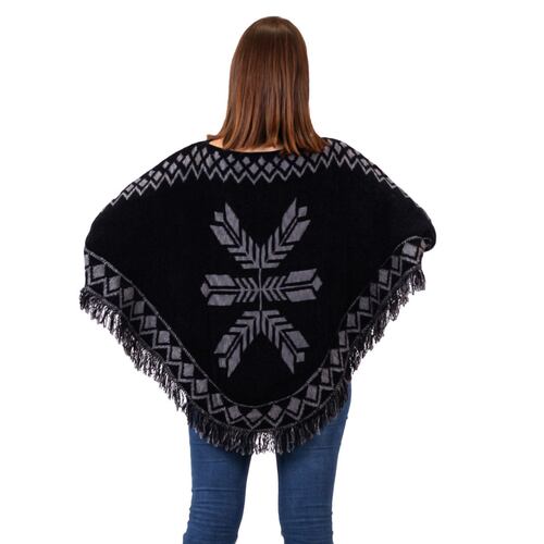 Poncho cuello ojal de chenille para mujer - negro