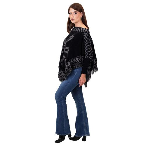 Poncho cuello ojal de chenille para mujer - negro