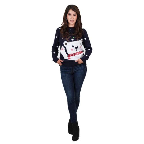 Suéter ugly navideño con estampado de oso para mujer - azul marino