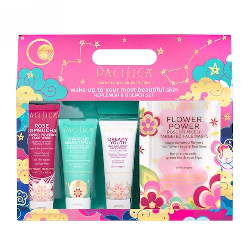 Set: wake up skincare love by pacifica: day and night face cream, makeup beautiful super hydration, rose kombucha face wash & flower power face mask