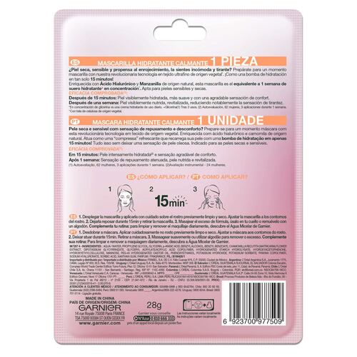 Garnier Skin Active Hidra Bomb Mascarilla facial en tela hidratante calmante con manzanilla y ácido hialurónico de origen natural