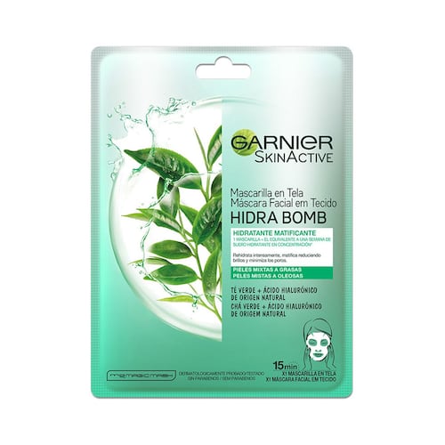 Garnier Skin Active Hidra Bomb Mascarilla facial en tela hidratante matificante con té verde ácido hialurónico de origen natural