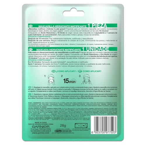Garnier Skin Active Hidra Bomb Mascarilla facial en tela hidratante matificante con té verde ácido hialurónico de origen natural