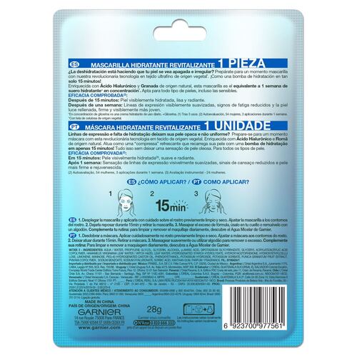 Garnier Skin Active Hidra Bomb Mascarilla facial en tela hidratante revitalizante con granada ácido hialurónico de origen natural