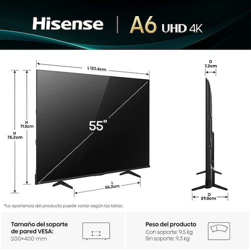 Pantalla Hisense de 55 Pulgadas 4K 55a65nv