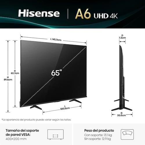 Pantalla Hisense de 65 Pulgadas 4K 65a65nv