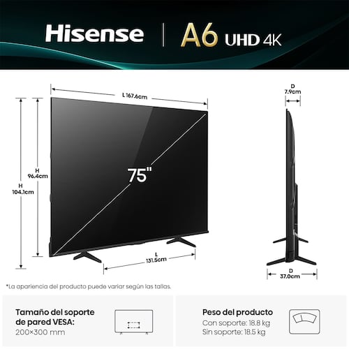 Pantalla Hisense de 75 Pulgadas 4K 75a65nv