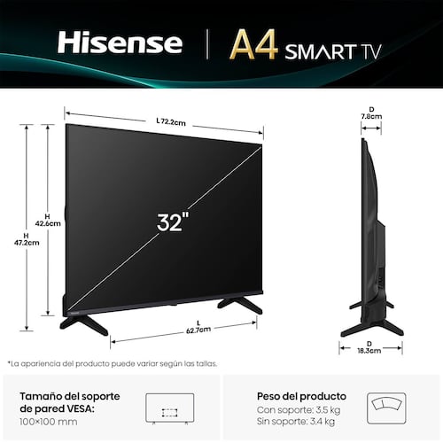 Pantalla Hisense de 32 Pulgadas HD 32a4nv