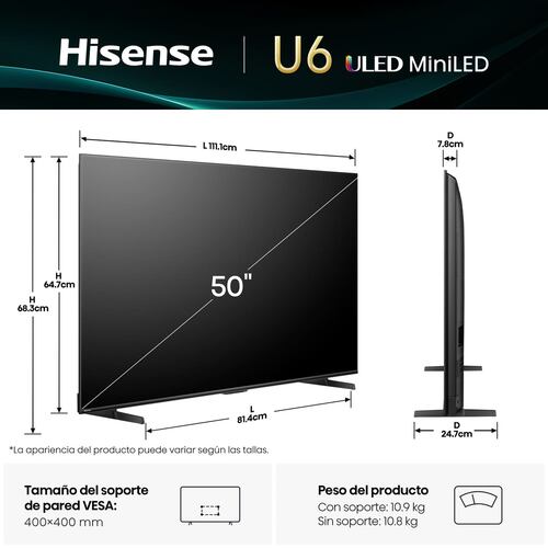 Pantalla Hisense de 50 Pulgadas Mled 4K 50u6qv