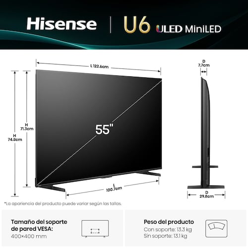 Pantalla Hisense de 55 Pulgadas Mled 4K 55u6qv