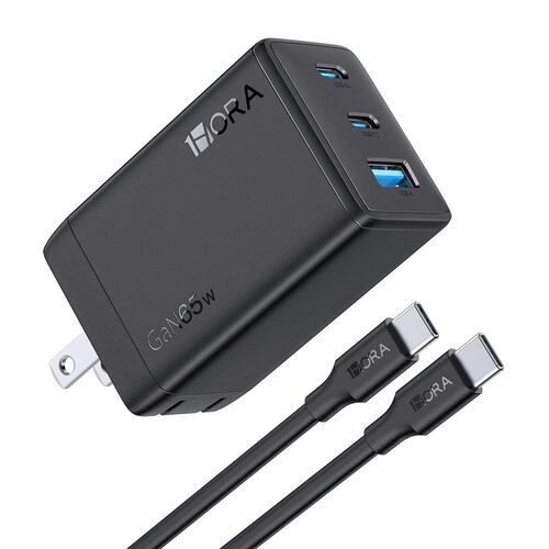 Cargador 1 Hora 65W Gan 3 Puertos Cable C A C 2m