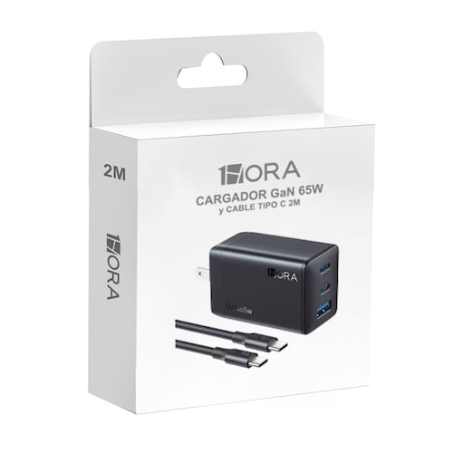 Cargador 1 Hora 65W Gan 3 Puertos Cable C A C 2m