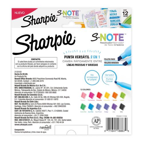 Set Marcadores Creativos Sharpie S-Note 12 Piezas Multicolor