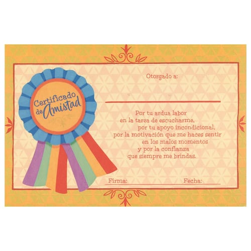 Tarjeta Certificado Amistad Medallón Borde Amarillo|