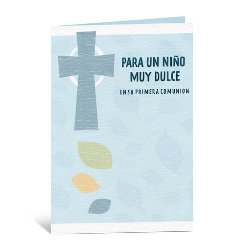 Tarjeta Primera Comunion Niño Cruz Azul Y Hojas